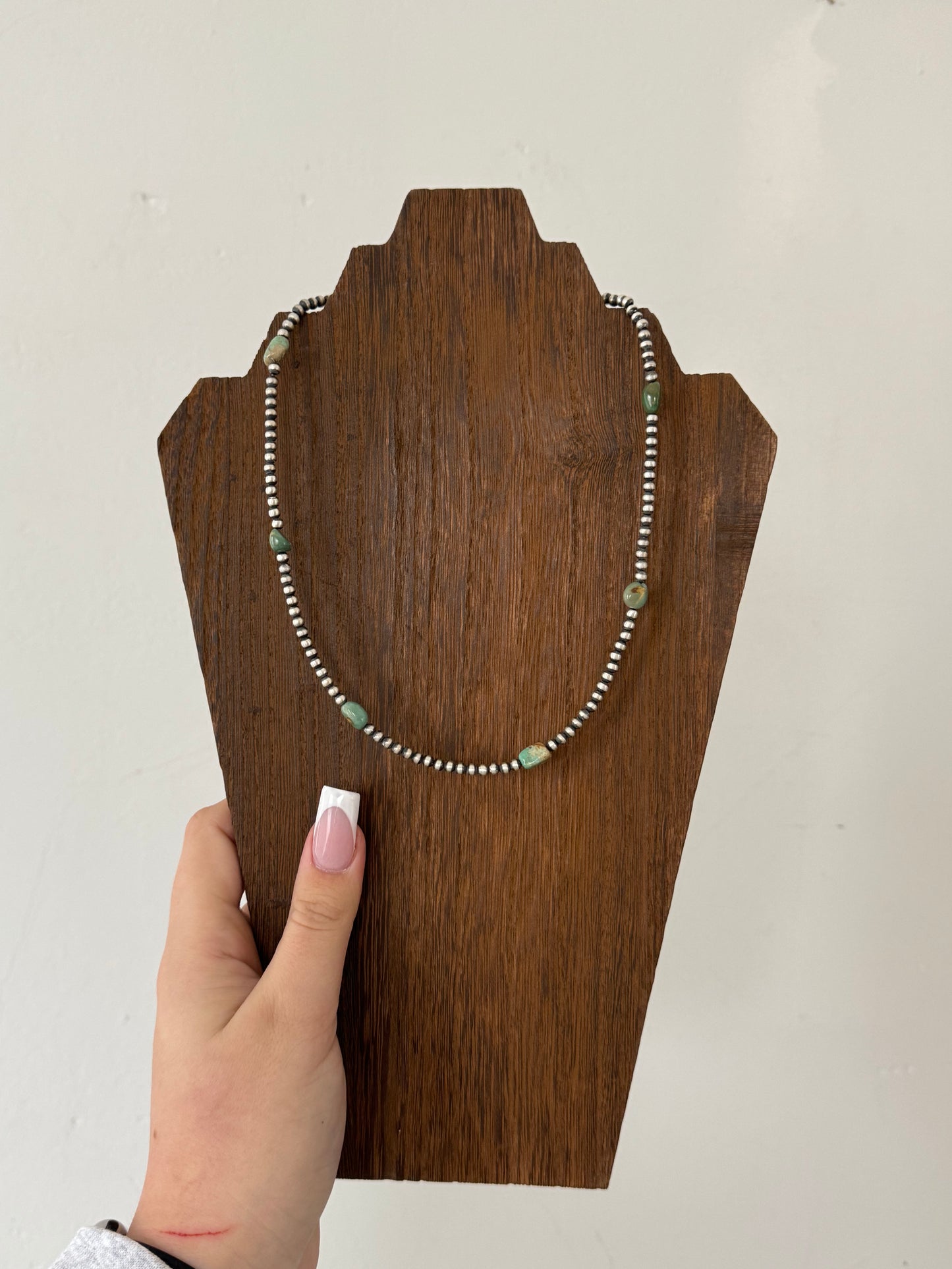 20" 4mm Sterling Pearl Necklace with Green Turquoise and 2" Paperclip Extender