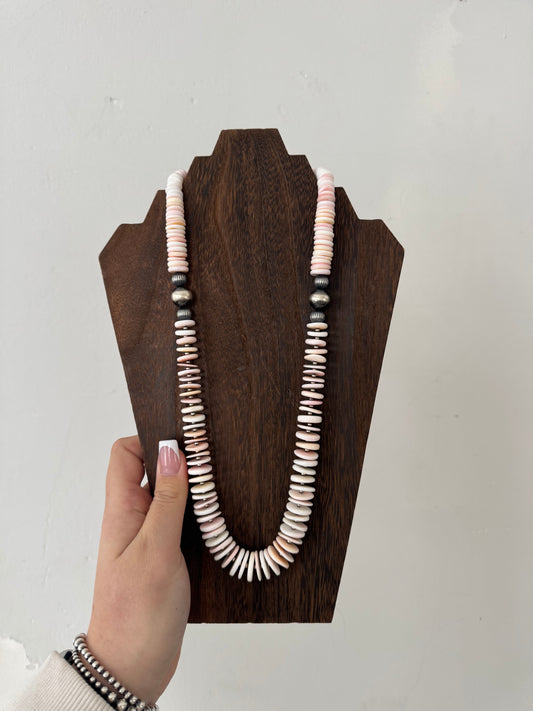 26" Graduated Pink Conch Necklace with Sterling Pearl Beads