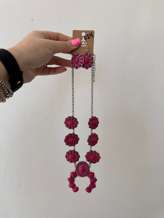 Faux Silver and Hot Pink Squash Blossom Necklace with Dangle Earrings