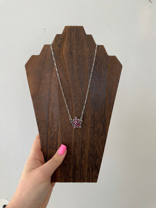 Faux Silver Checkered Pink Star Necklace