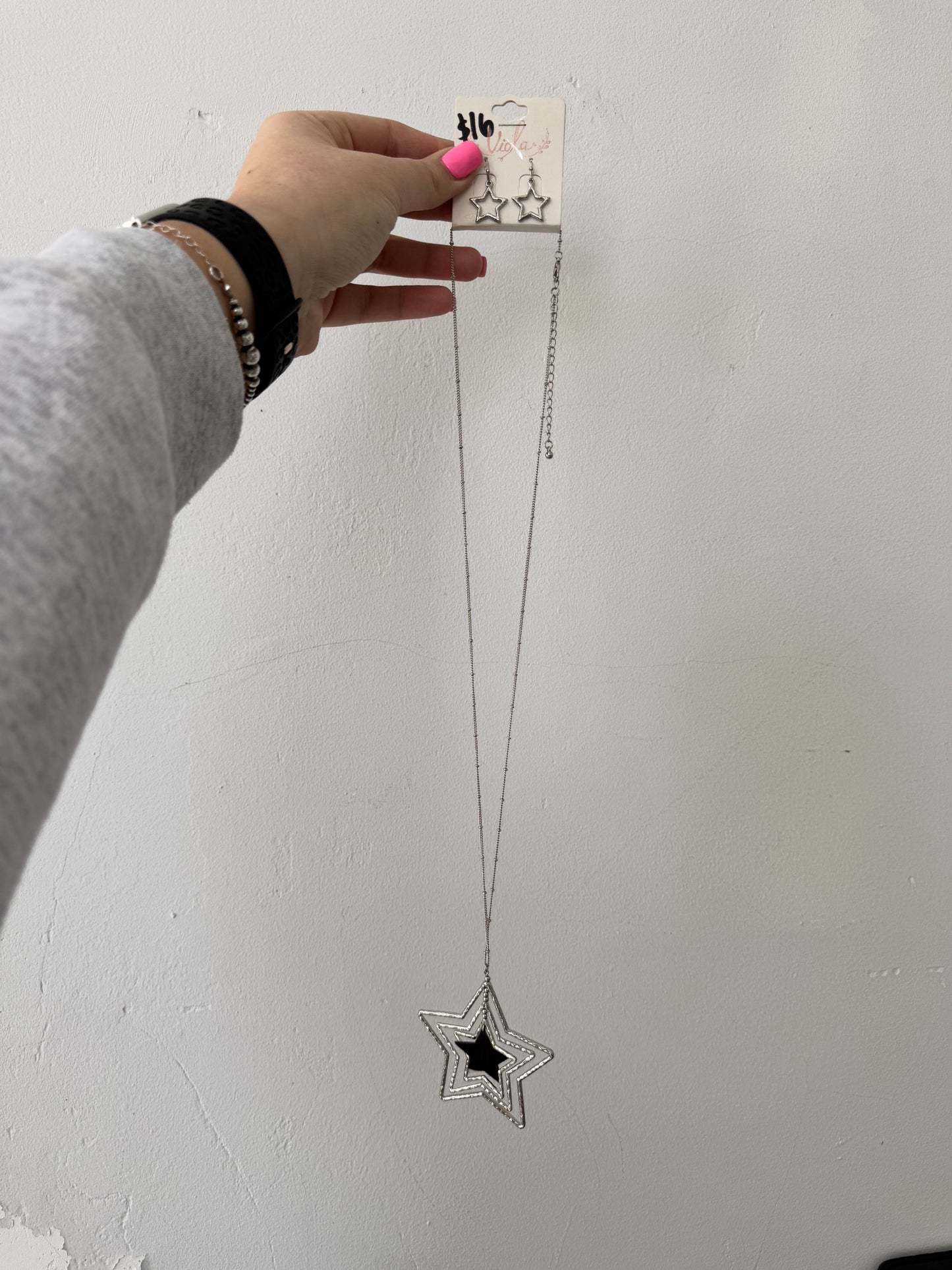 Faux Silver Long Star Necklace with Dangle Earrings