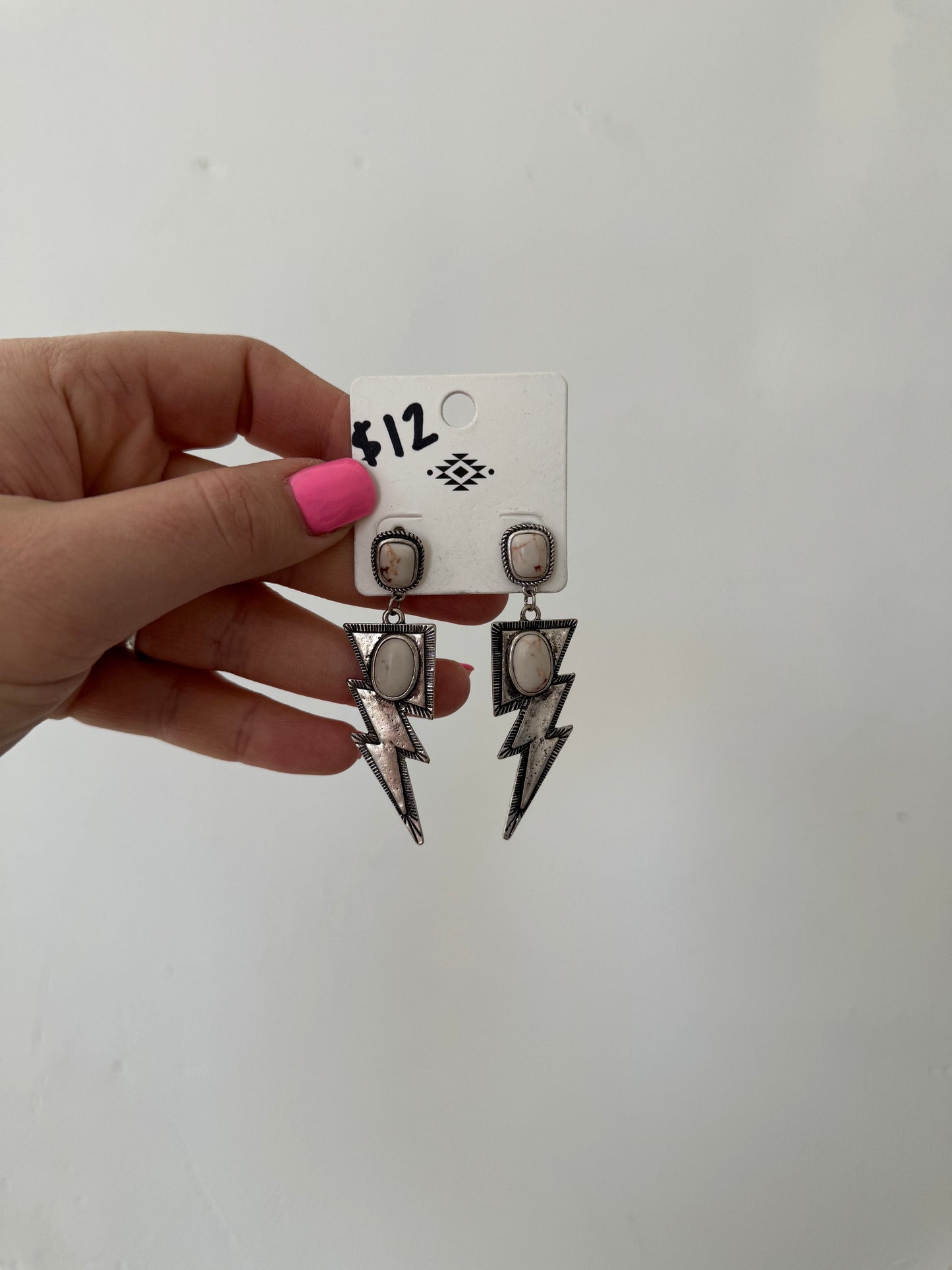 Faux Silver and White Buffalo Lightning Bolt Earrings