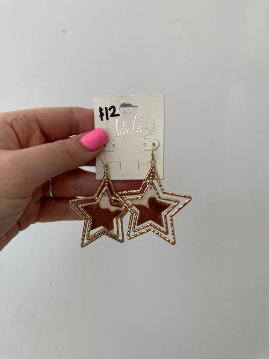 Faux Gold and Cowhide Star Dangle Earrings