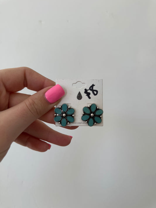 Faux Silver and Turquoise Flower Stud Earrings