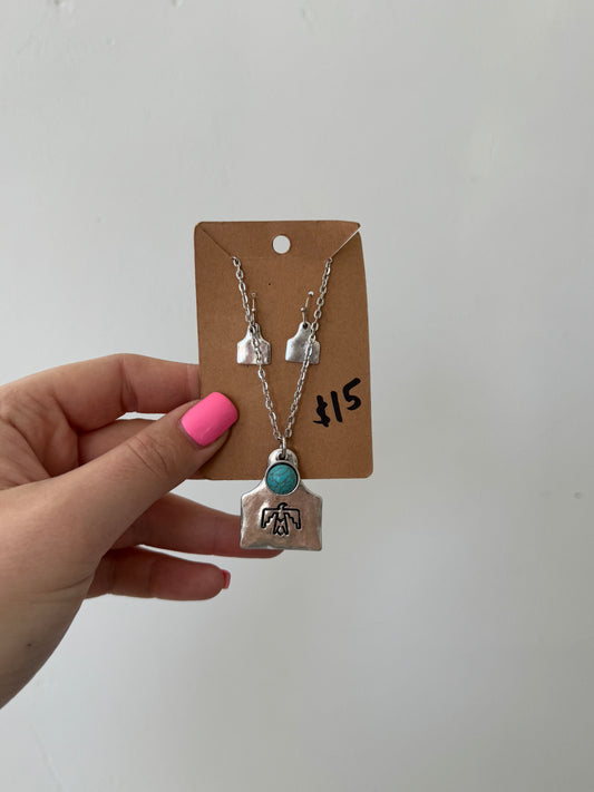 Faux Silver Ear Tag Necklace with Dangle Earrings