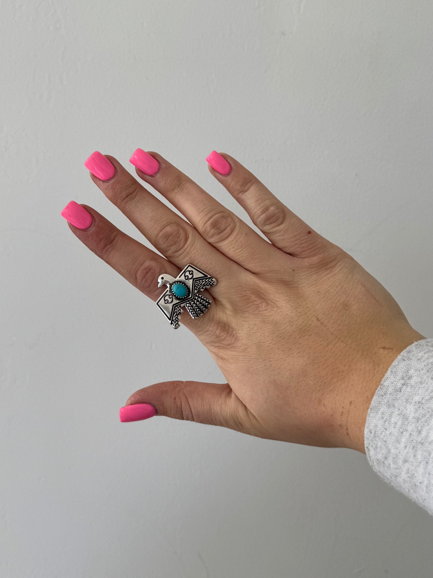 Faux Silver and Turquoise Thunderbird Stretch Ring