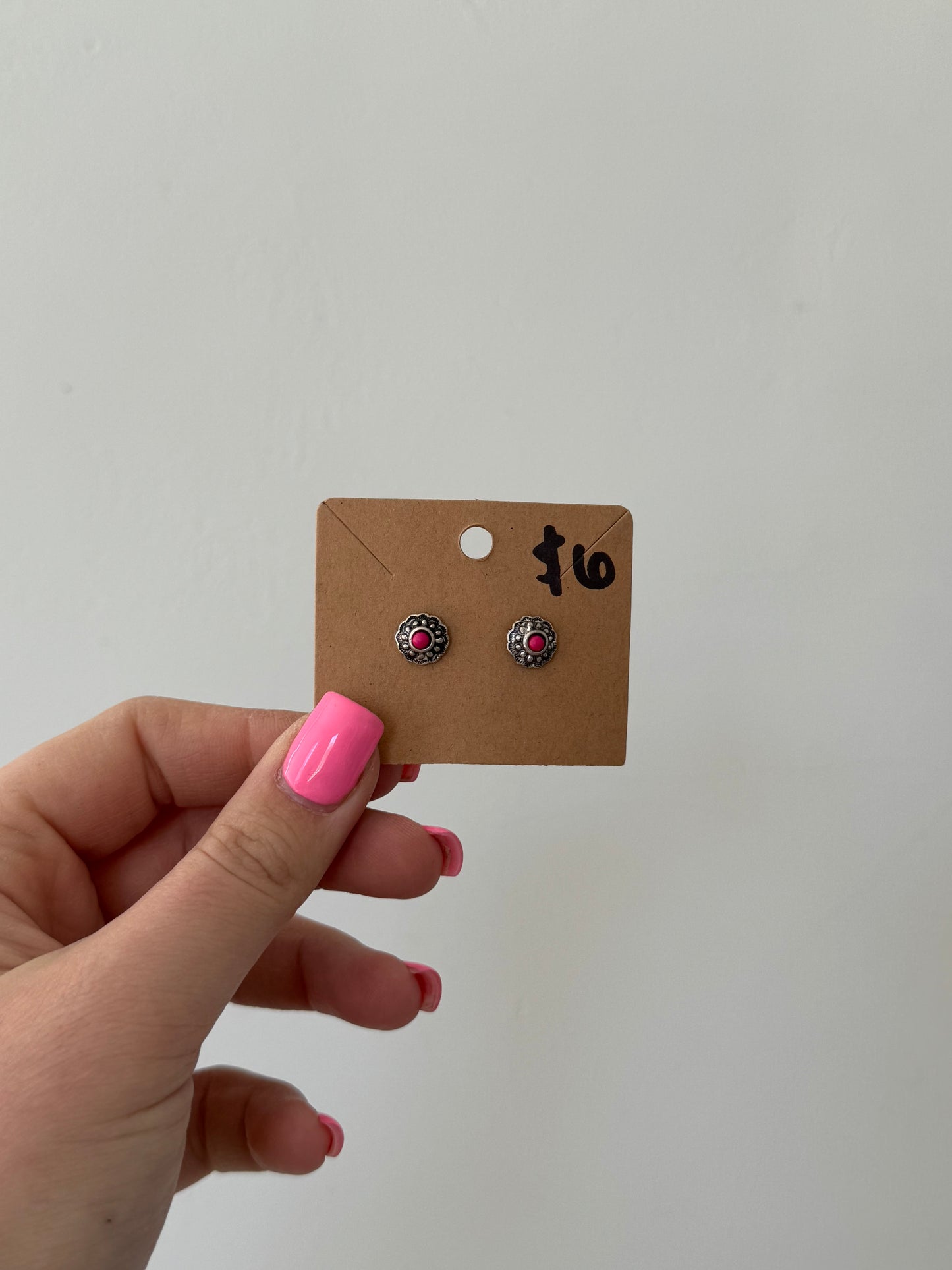 Faux Silver Pink Stud Earrings