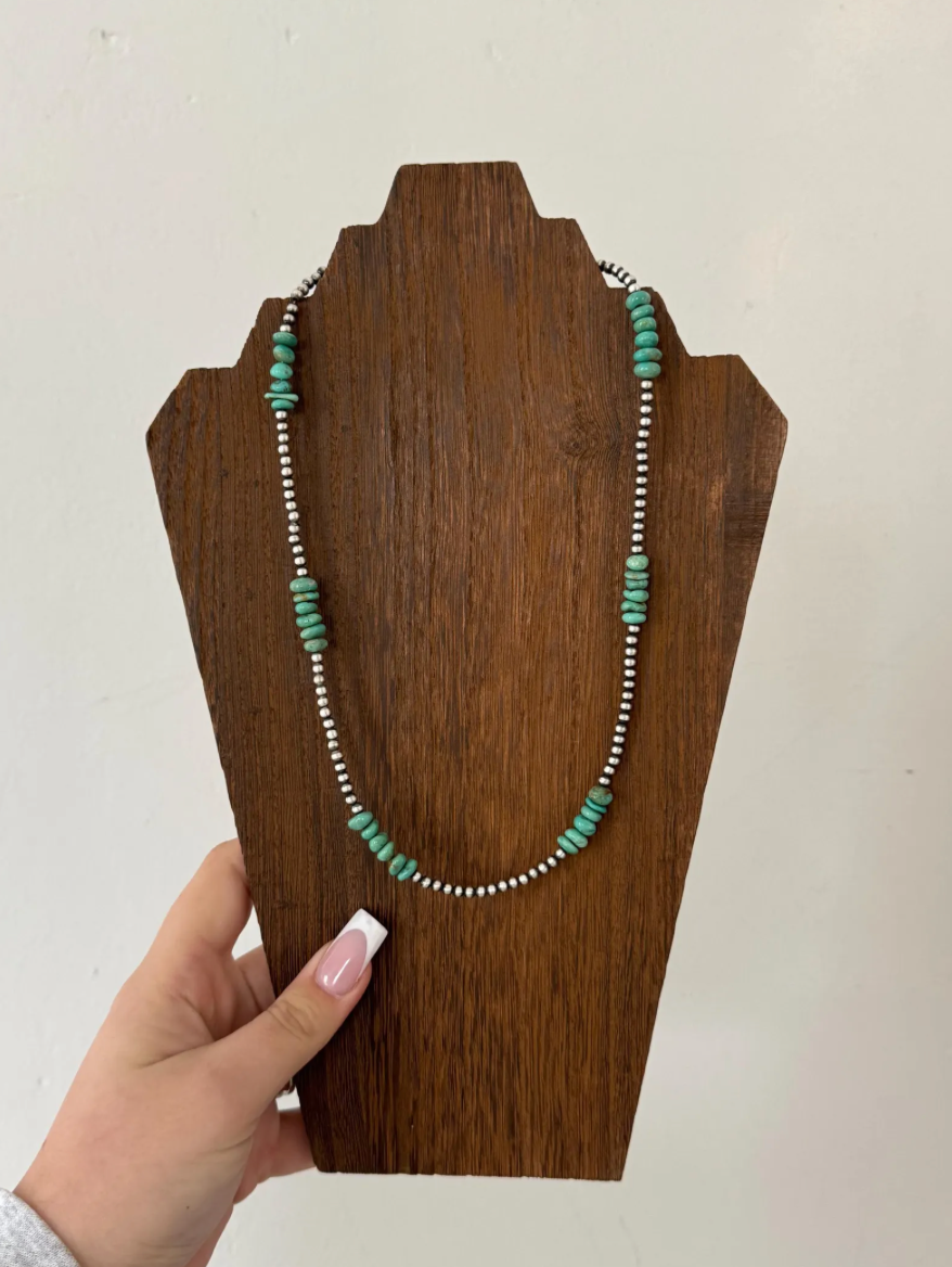 24" 4mm Sterling Pearl Necklace with Old Santo Domingo Turquoise