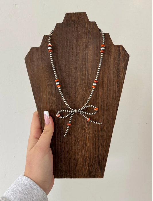 4mm/8mm Orange Spiny and Sterling Pearl Bow Necklace