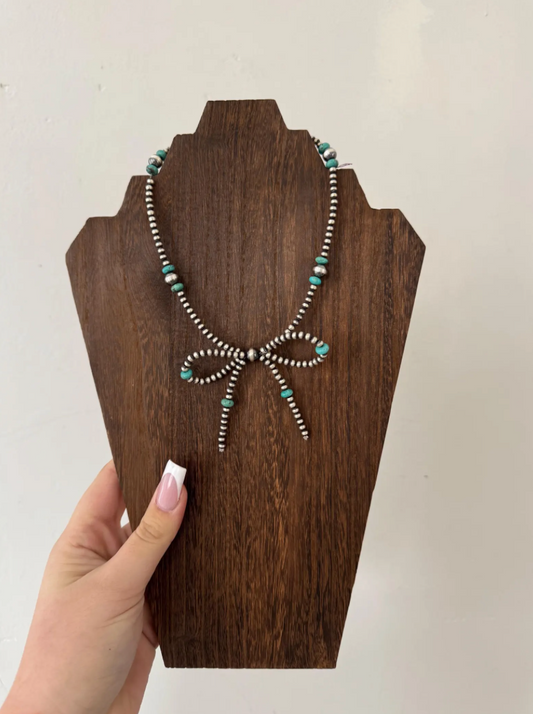 4mm/8mm Spiderweb Turquoise and Sterling Pearl Bow Necklace