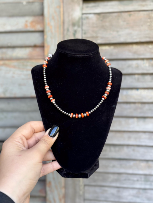 4-7mm Sterling Pearl Necklace with Orange Spiny and 2" Paperclip Extender Chain